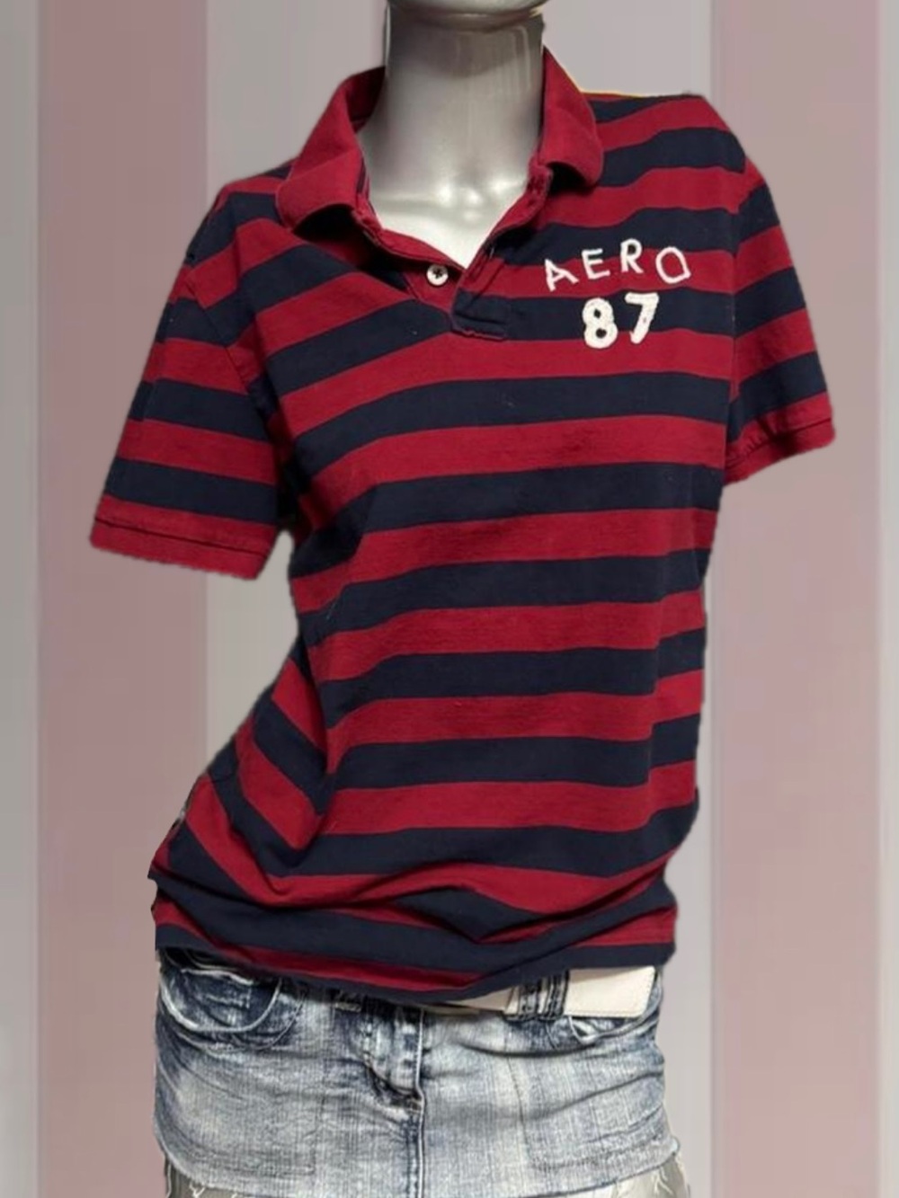 Aeropostale red and navy striped polo shirt